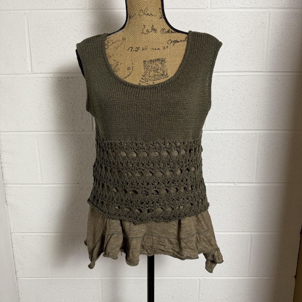 Boho Lagenlook Crochet Layered Tank Top Womens Green Asymmetrical Festival Artsy